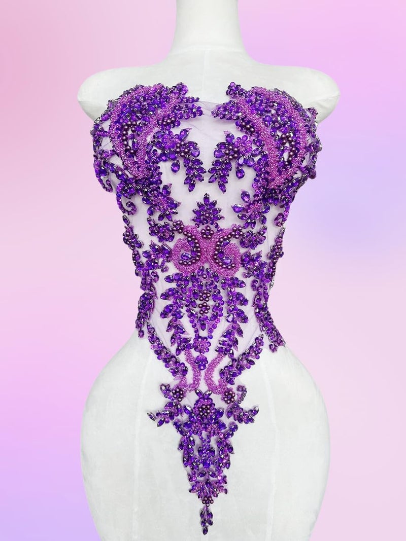 ArtistryXB Handmade Rhinestones Lace Bodice Applique Sew on Beads Sequins Trimming Patches for Dress Clothing Accessories 1Pcs/Bag (Purple) - Image 4